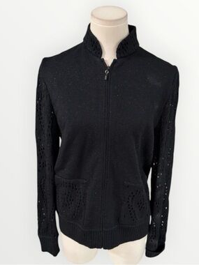 ST. JOHN Black Zip Front Knit Cardigan Sweater Jacket Crochet Sleeves Sparkle 6